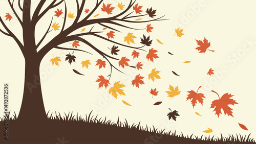 Stylized Autumn Tree Silhouette with Colorful Leaves Blowing in the Wind Illustration