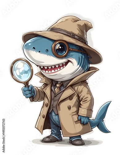 Adorable Cartoon Shark Detective: A Charming Illustration of a  Magnifying Glass-Wielding Great White Shark in a Trench Coat