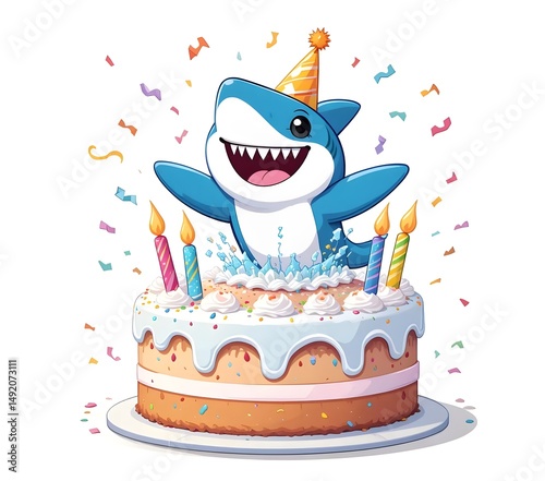 Adorable Shark Celebrates Birthday on a Delicious Cake with Colorful Confetti