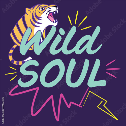 wild soul typography with tiger t shirt design