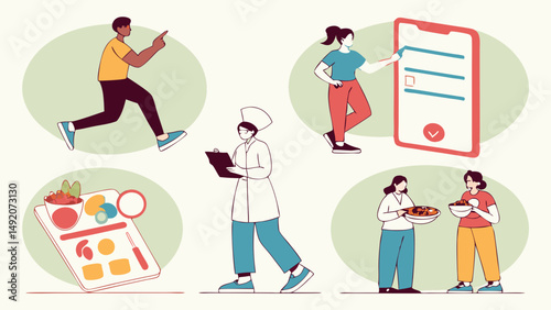 Flat illustration of food service process from mobile ordering to sharing a meal