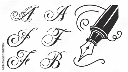 Ornate Calligraphy Capital Letters A F B Elegant Script Font and Classic Fountain Pen Vector Art