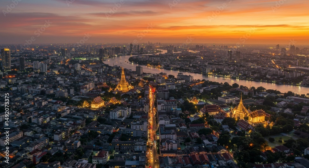 Obraz premium Panoramic sunset view of a city, river, and illuminated temples