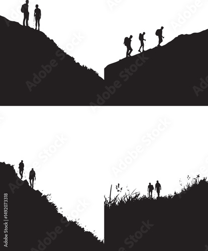 Group of people hiking in mountain, silhouette, vector, people, illustration, men, child, silhouettes, sport, woman, winter, family, ski, black, person, snow, boy, sports, mother, extreme, fun, couple