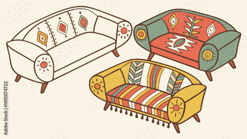 Stylish Mid-Century Modern Sofas with Bohemian Ethnic Patterns Retro Furniture Illustration