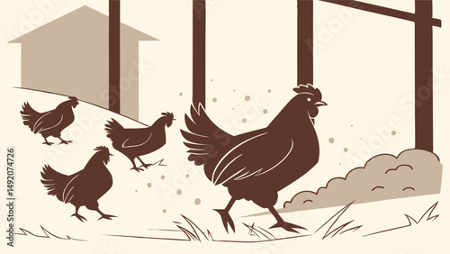 Rustic sepia illustration of farm chickens Mother hen leading three chicks walking on a farm path