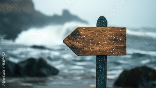 Wooden directional sign on stormy coast