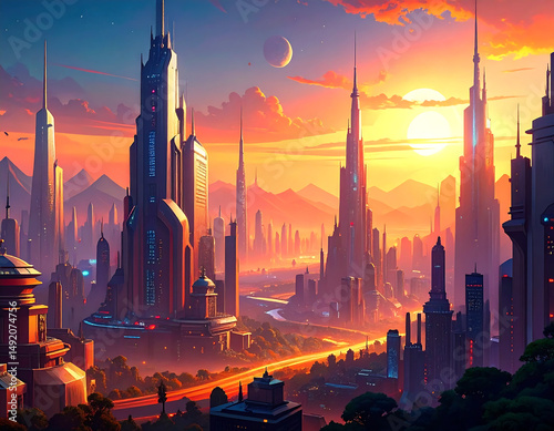 New York City's urban architecture and skyscrapers form a dramatic skyline at sunset, the dusk sky painting a vibrant cityscape over the river photo