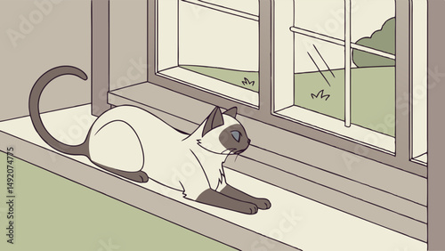 Cartoon Siamese Cat Relaxing by Window Looking Outside Pet Animal Illustration Drawing