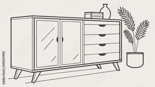 Mid Century Modern Sideboard Credenza Line Drawing Glass Doors Drawers Plant Vase Decor