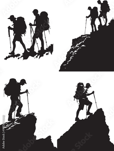 Group of people hiking in mountain, silhouette, vector, people, illustration, men, child, silhouettes, sport, woman, winter, family, ski, black, person, snow, boy, sports, mother, extreme, fun, couple