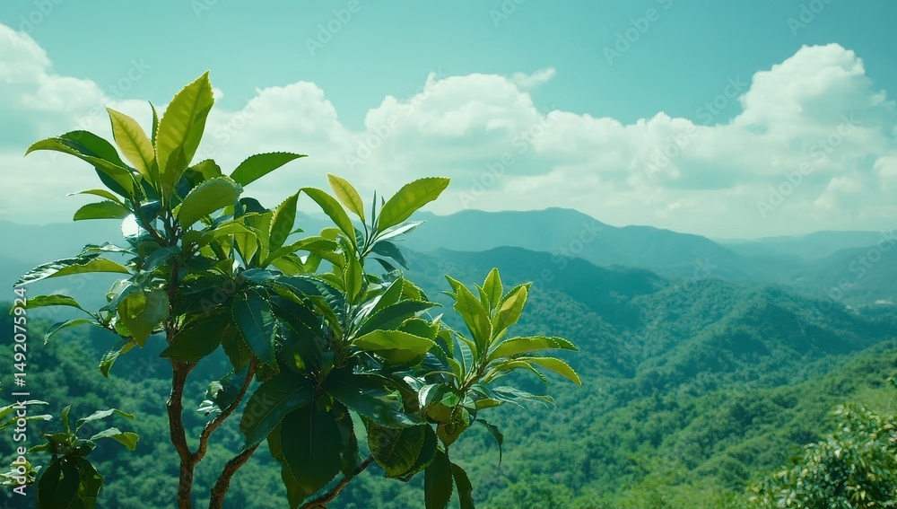 Naklejka premium Lush green foliage atop a mountain vista