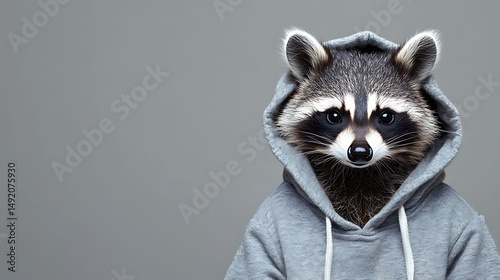 Digital illustration of a raccoon wearing a gray hoodie, presented in a studio portrait style.