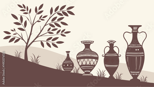 Ancient Greek Pottery Vases and Tree Silhouette Sepia Landscape Illustration