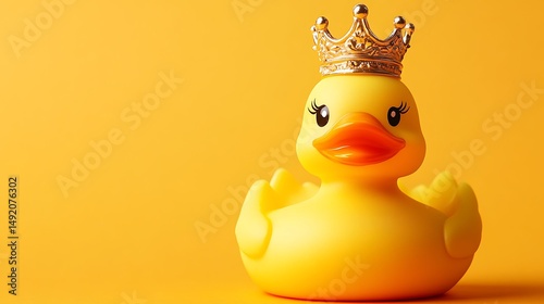 Photograph of yellow rubber duck with a golden crown sits on a vibrant yellow background.