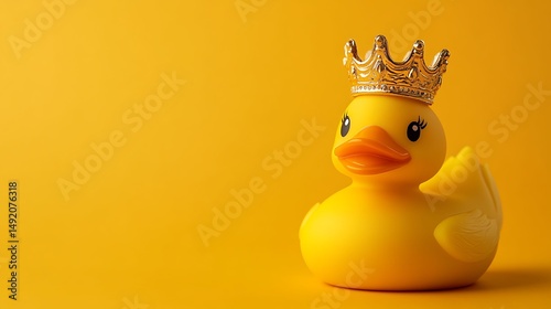 Photograph of yellow rubber duck with a golden crown sits on a solid yellow background.