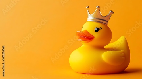 Photograph of yellow rubber duck with a gold crown stands against a bright orange background.