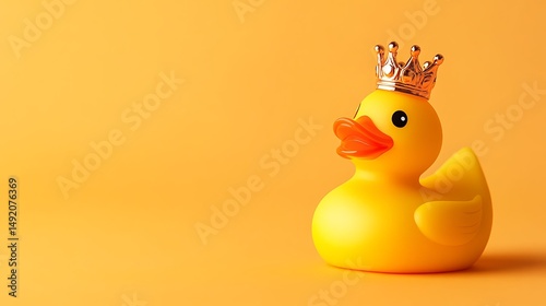Photograph of rubber duck with a golden crown stands on a solid orange background.