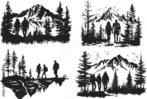 Group of people hiking in mountain, silhouette, vector, people, illustration, men, child, silhouettes, sport, woman, winter, family, ski, black, person, snow, boy, sports, mother, extreme, fun, couple
