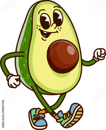 Walking avocado half with seed groovy cheerful character. Vegan food cute 60s 70s isolated vector character, fresh tropical fruit happy hippie cartoon personage. Natural avocado cheerful mascot