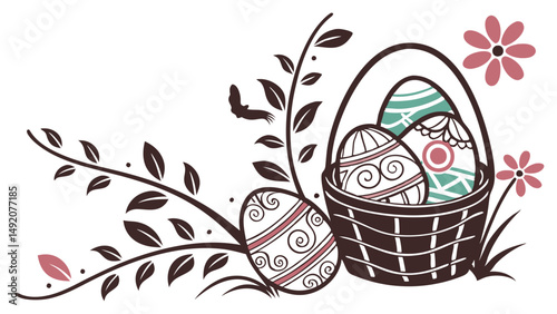 Stylized Easter Eggs and Basket with Elegant Floral Branches Graphic
