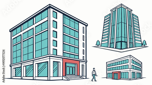 Set of Modern Office Commercial Buildings Architectural Sketch Illustration Blue Windows Red Entrance