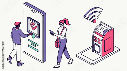 Isometric illustration of people using mobile banking app and ATM for digital payments with wireless connection