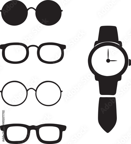 Minimalist Eyewear and Wristwatch Vector Icons Classic Accessories Set

