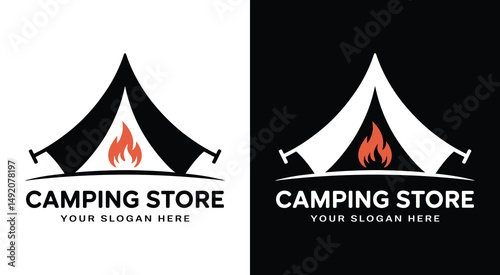 Camping Store Logo Bold Black Tent and Flame Design for Outdoor Adventure