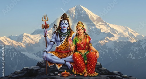 Hindu deities on mountain peak