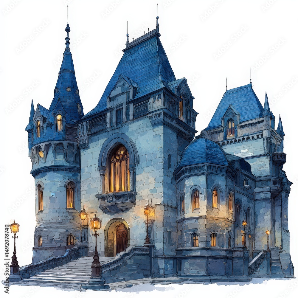 Fototapeta premium Mystical Castle with Blue Roofs - Watercolor Painting.