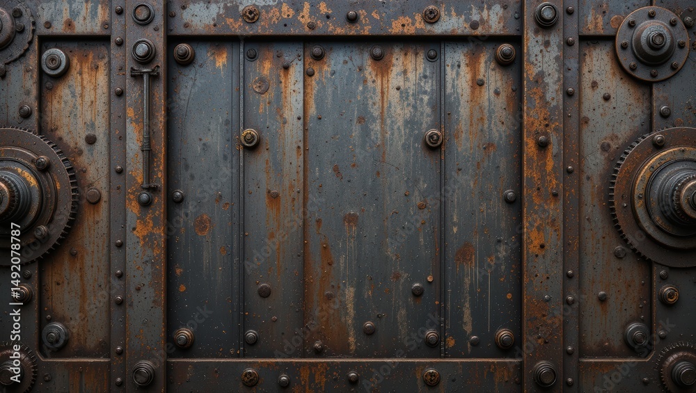 Fototapeta premium Weathered Metal Surface with Rust and Industrial Details in Dark Tones and Textured Patterns