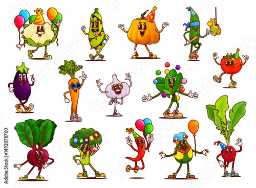 Cartoon groovy vegetable characters on holiday party. Happy retro vegan food personages of psychedelic tomato, carrot, pepper and broccoli. Groovy avocado, garlic and spinach with balloons and hats
