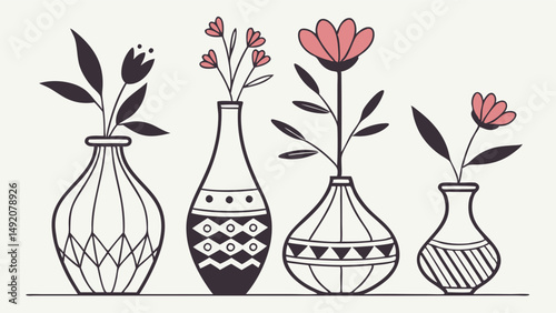 Four decorative vases with flowers simple line art illustration minimalist bohemian floral home decor