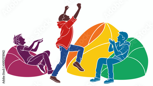 Colorful Stylized Illustration of Friends Playing Video Games on Bean Bags and Celebrating a Win