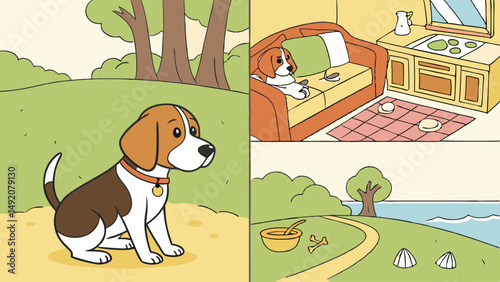 Cute Cartoon Beagle Puppy Dog Illustration Panels Indoors and Outdoors Scenes