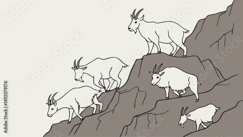 Detailed grayscale illustration of mountain goats climbing a rugged rocky mountainside