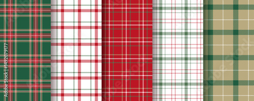 Christmas plaid background. Check seamless patterns. Red green lumberjack tablecloth. Set gingham fabric prints. Tartan shirt cloth. Classic flannel textures. Geometric backdrop. Vector illustration