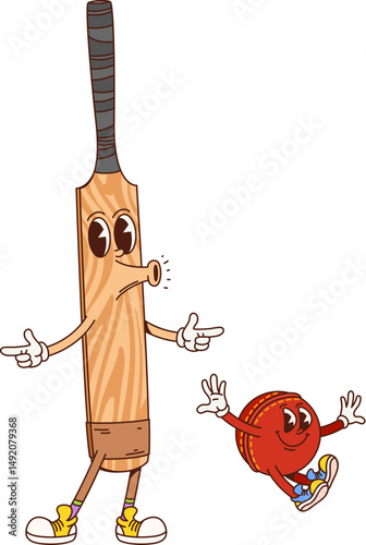 Cricket sport game groovy funny character. Game championship cheerful cartoon vector mascot, cricket bat and ball funny 60s 70s characters. Sport club match happy hippie vintage character or personage