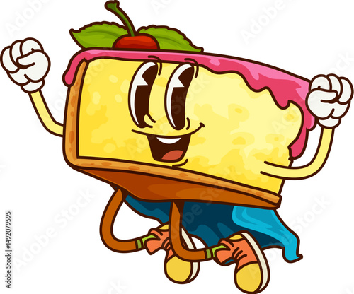Cartoon groovy cheesecake superhero or fast food cake character vector personage. Funny groovy cheesecake superhero with happy face in mantle or power cape for kids cartoon character