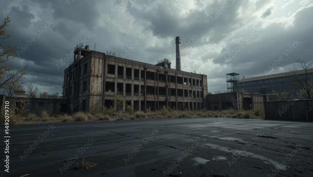 Abandoned Industrial Factory Ruins Under Stormy Sky with Overgrown Landscape and Cloudy Atmosphere Abandoned Industrial Factory Ruins Under Stormy Sky with Overgrown Landscape and Cloudy Atmosphere