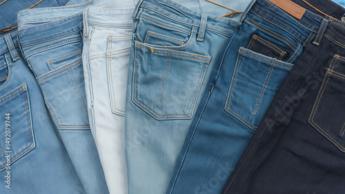 Close up of various shades of denim jeans arranged overlapping each other showing texture and detail