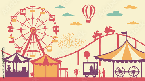 Retro Flat Illustration of a Fun Amusement Park Carnival with Ferris Wheel, Roller Coaster, Tents, and Hot Air Balloon