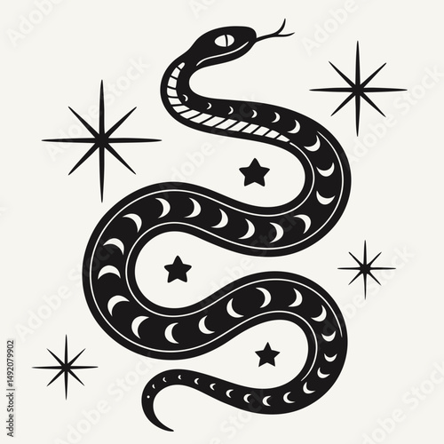 Mystical black snake with crescent moons and stars