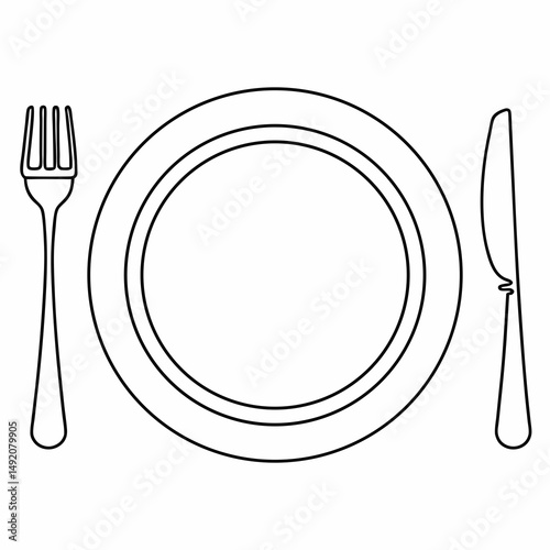 Simple line drawing of plate fork and knife