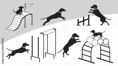 Action Silhouettes of Dogs on Agility Course Jumps Ramp Weave Poles and Tunnel Black and White Illustration