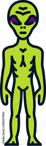 Space galaxy alien humanoid color line icon. Cosmos extraterrestrial life form outline icon, space discovery lineart vector symbol. Galaxy outerspace thin line icon with green alien character