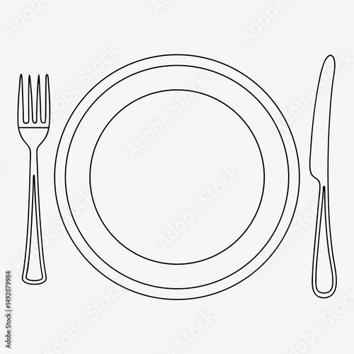 Simple line drawing of plate fork and knife