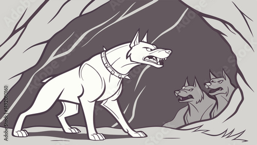 Grayscale Drawing of Large Aggressive Dog Standing Guard at Cave Entrance with Two Other Dogs