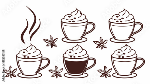 Simple Brown Line Art Illustration Set of Coffee Cups with Whipped Cream and Star Anise